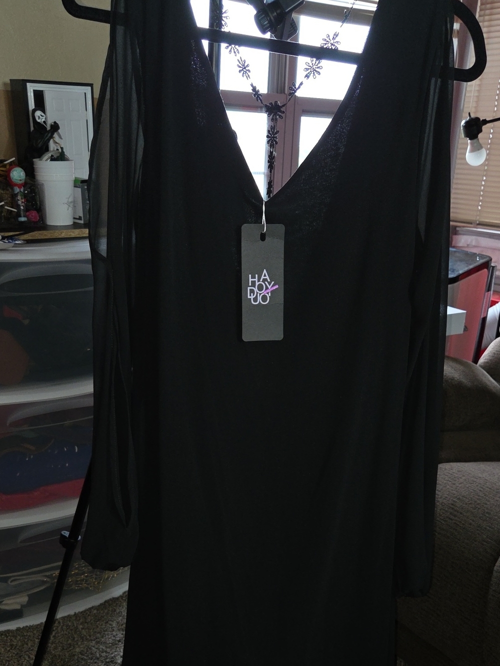 HAODUOYI Black Maxi Dress with Sheer Long Sleeves